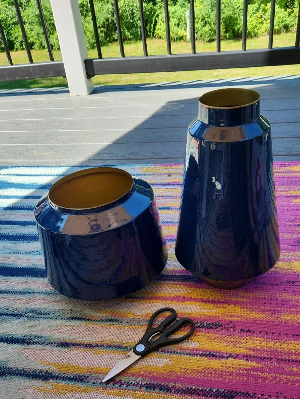 Blue Enamelled Metal Vase Set Of 2